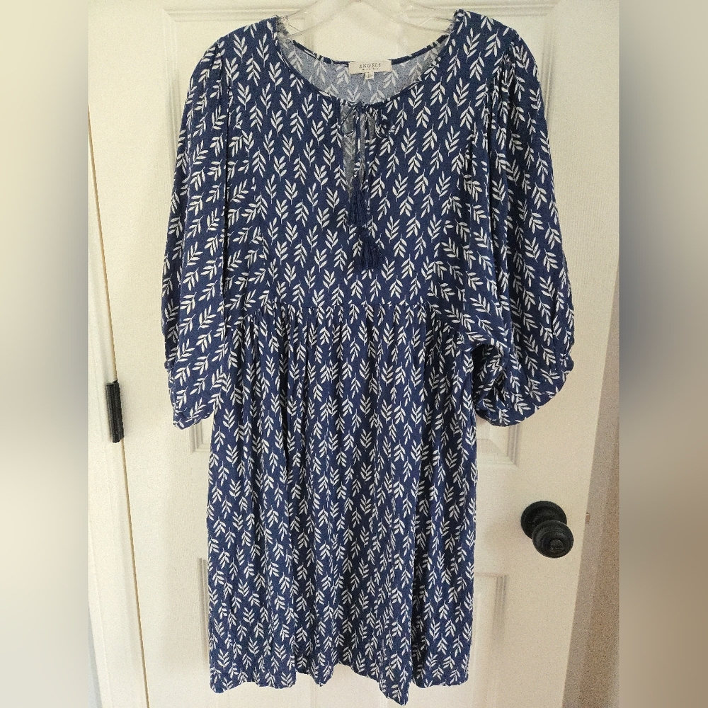 Babydoll, Empire Waist Dress In Leaf Print, Navy And Cream, Oversized, Classic